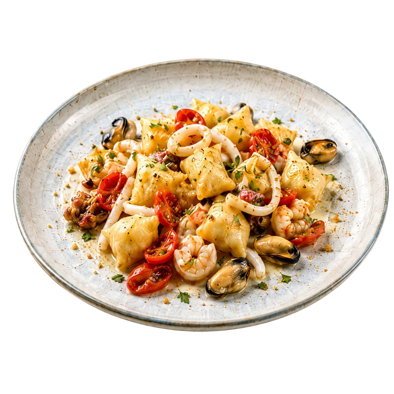 Gnocco Trace, versione Mare, con cozze, vongole, seppie e gamberi